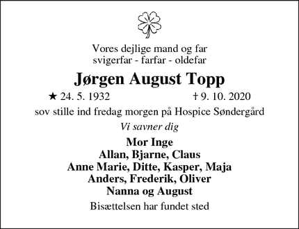 Dødsannoncen for Jørgen August Topp - 3500 Værløse