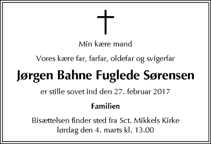 Dødsannoncen for Jørgen Bahne Fuglede Sørensen - Slagelse