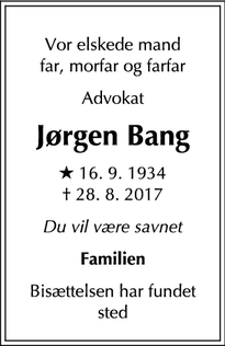 Dødsannoncen for Jørgen Bang - Vedbæk