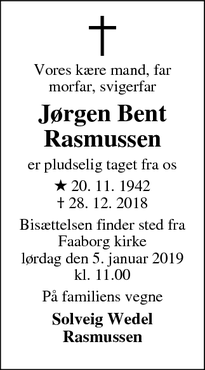 Dødsannoncen for Jørgen Bent Rasmussen - Faaborg