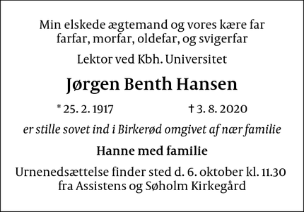 Dødsannoncen for Jørgen Benth Hansen - Birkerød