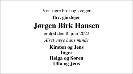 Dødsannoncen for Jørgen Birk Hansen - Holstebro
