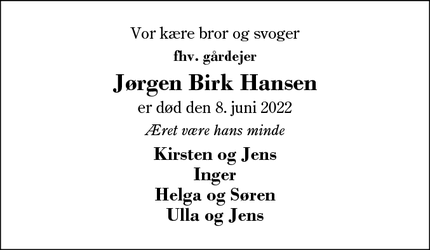 Dødsannoncen for Jørgen Birk Hansen - Holstebro