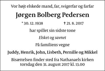 Dødsannoncen for Jørgen Bolberg Pedersen - Vesterby