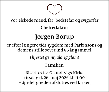 Dødsannoncen for J&oslash;rgen Borup - Brøndby