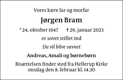 Dødsannoncen for Jørgen Bram - København S