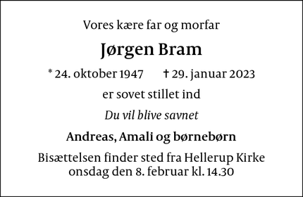 Dødsannoncen for Jørgen Bram - København S