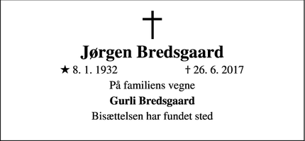 Dødsannoncen for Jørgen Bredsgaard - Ringsted