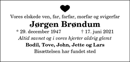 Dødsannoncen for Jørgen Brøndum - Vebbestrup