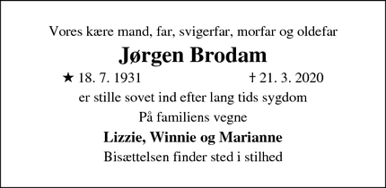 Dødsannoncen for Jørgen Brodam - Stenløse