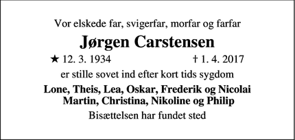 Dødsannoncen for Jørgen Carstensen - Dragør