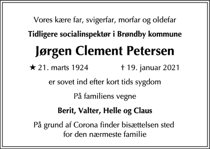 Dødsannoncen for Jørgen Clement Petersen - Vallensbæk
