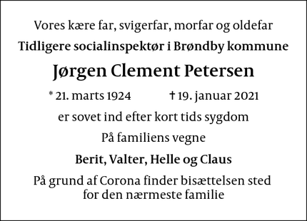 Dødsannoncen for Jørgen Clement Petersen - Vallensbæk