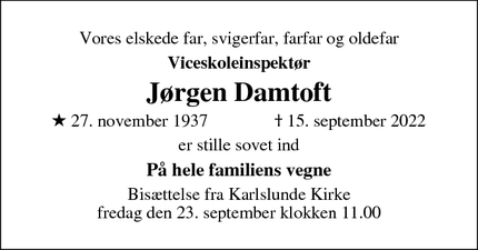 Dødsannoncen for Jørgen Damtoft - København