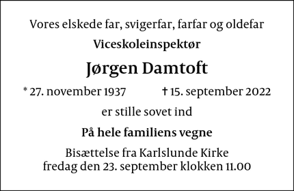 Dødsannoncen for Jørgen Damtoft - København