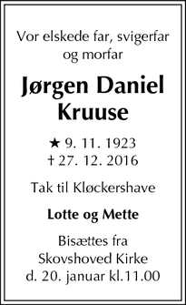 Dødsannoncen for Jørgen Daniel Kruuse - Gentofte