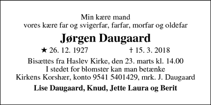 Dødsannoncen for Jørgen Daugaard - Haslev