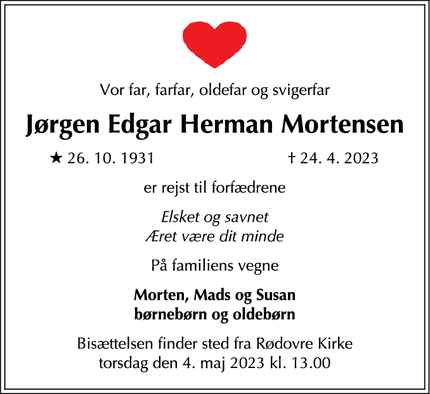 Dødsannoncen for Jørgen Edgar Herman Mortensen - Gentofte