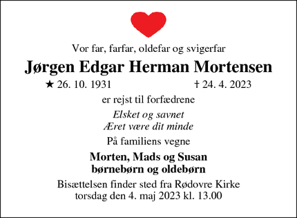 Dødsannoncen for Jørgen Edgar Herman Mortensen - Gentofte