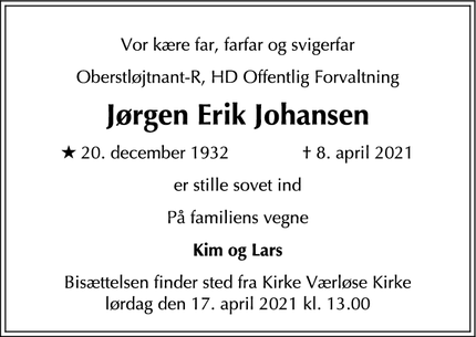Dødsannoncen for Jørgen Erik Johansen - Værløse