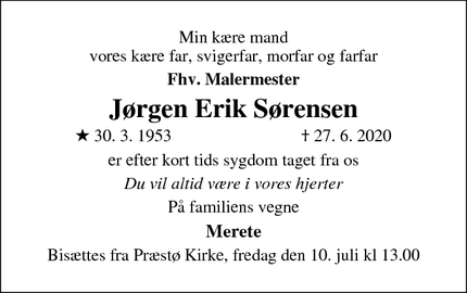 Dødsannoncen for Jørgen Erik Sørensen - Præstø