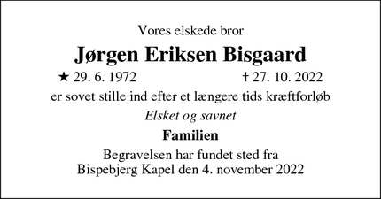 Dødsannoncen for Jørgen Eriksen Bisgaard - s.grooss@gmail.com