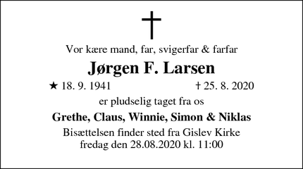 Dødsannoncen for Jørgen F. Larsen - Gislev