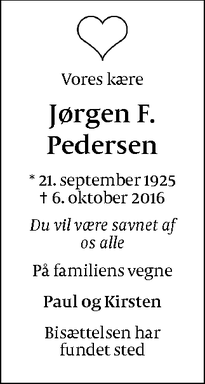 Dødsannoncen for Jørgen F. Pedersen - Kongens Lyngby