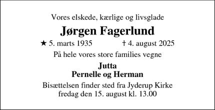Dødsannoncen for Jørgen Fagerlund - Jyderup