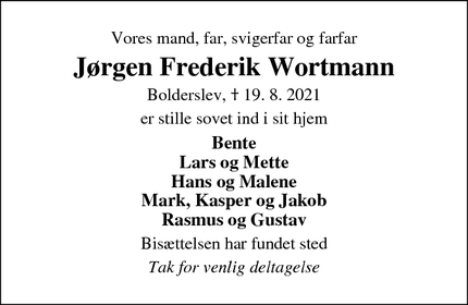 Dødsannoncen for Jørgen Frederik Wortmann - Bolderslev