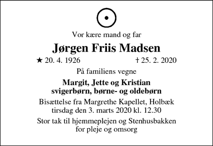 Dødsannoncen for Jørgen Friis Madsen - Holbæk