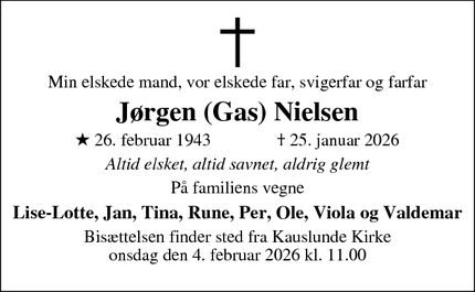 Dødsannoncen for J&oslash;rgen (Gas) Nielsen - Middelfart