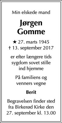 Dødsannoncen for Jørgen Gomme - Birkerød
