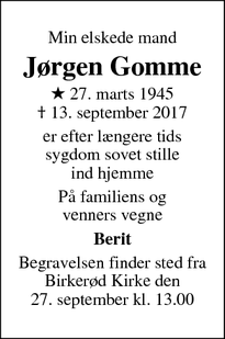 Dødsannoncen for Jørgen Gomme - Birkerød