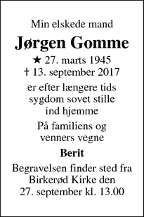 Dødsannoncen for Jørgen Gomme - Birkerød