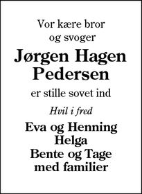 Dødsannoncen for Jørgen Hagen
Pedersen - Bramming