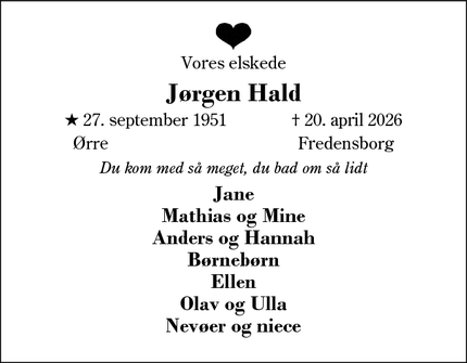 Dødsannoncen for J&oslash;rgen Hald - Fredensborg