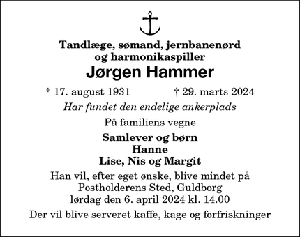 Dødsannoncen for Jørgen Hammer - Dragør