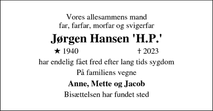 Dødsannoncen for Jørgen Hansen 'H.P.' - Vordingborg