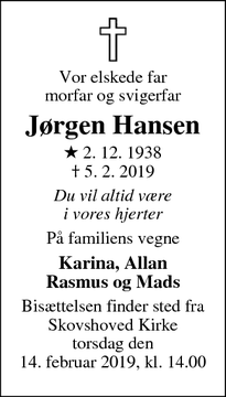 Dødsannoncen for Jørgen Hansen - Charlottenlund