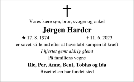 Dødsannoncen for Jørgen Harder - Lynge