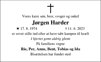 Dødsannoncen for Jørgen Harder - Lynge