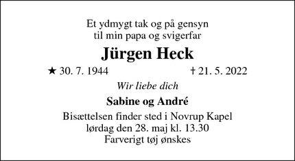 Dødsannoncen for Jürgen Heck  - Esbjerg