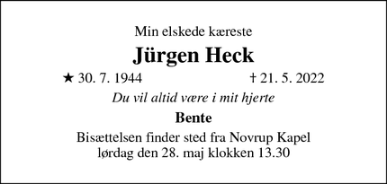 Dødsannoncen for Jürgen Heck - Ebjerg