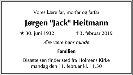 Dødsannoncen for Jørgen "Jack" Heitmann - København, Danmark