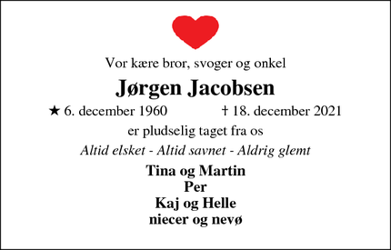 Dødsannoncen for Jørgen Jacobsen - Aars