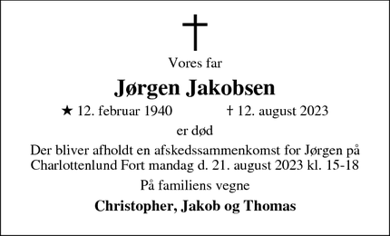 Dødsannoncen for Jørgen Jakobsen - København