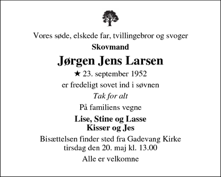Dødsannoncen for Jørgen Jens Larsen - Græsted