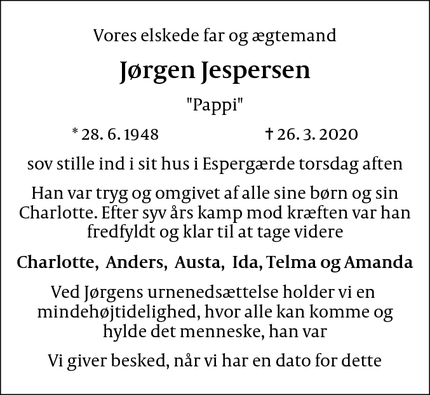 Dødsannoncen for Jørgen Jespersen - Espergærde