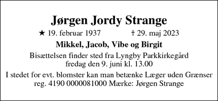 Dødsannoncen for Jørgen Jordy Strange - Lyngby